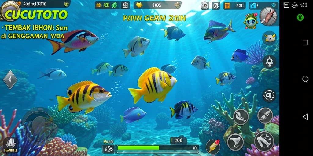 Screenshot CUCUTOTO menampilkan aksi seru saat menembak ikan di bawah laut.