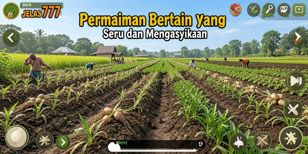 Tampilan gameplay JELAS777 yang menampilkan ladang dan hewan ternak.