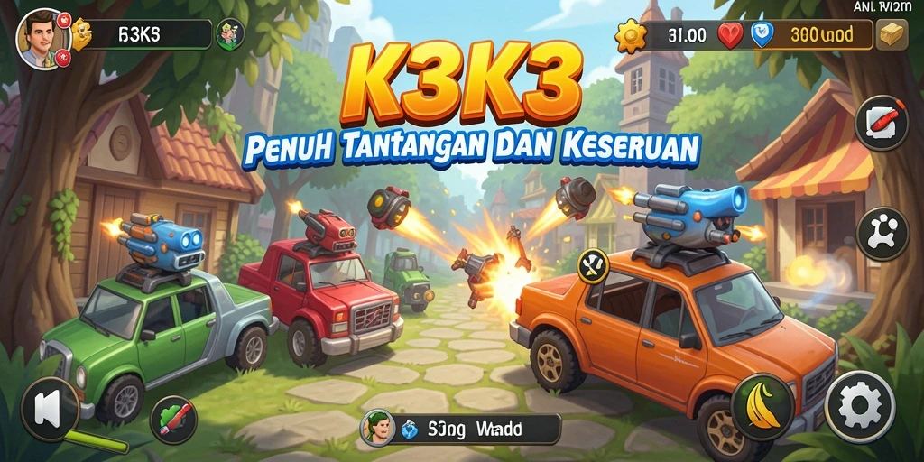 Tampilan gameplay seru dalam K3K3 dengan rintangan berwarna-warni.