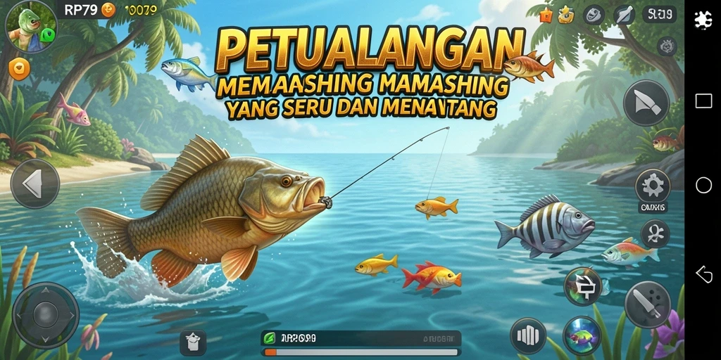 Tampilan gameplay RP79 yang seru saat menangkap ikan di danau.