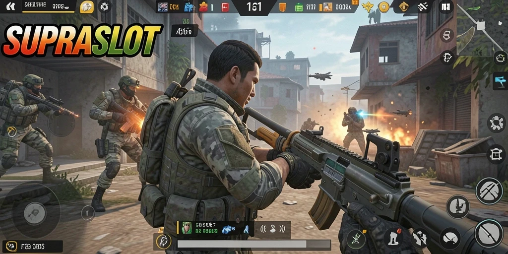 Tangkapan layar dari gameplay <strong>SUPRASLOT</strong> menampilkan aksi tembak-menembak yang seru.
